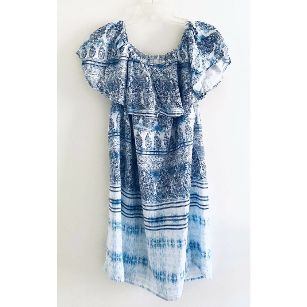 Beach Lunch Lounge | Paisley Dress Womens Sz L Blue Off Shoulder Strapless Mini